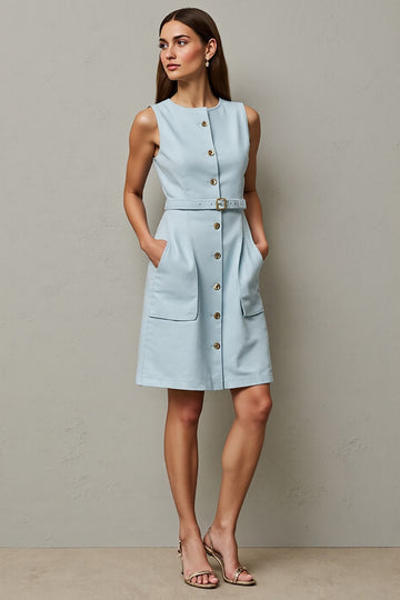 Light Blue Midi Sheath Work Dress with Belt